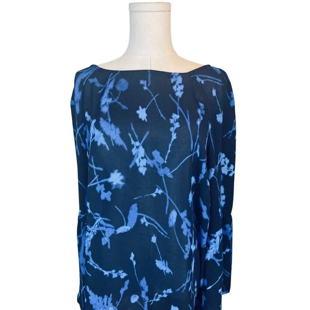 Banana Republic Large Flowy Blue Floral Print Long Bell Sleeve Blouse
